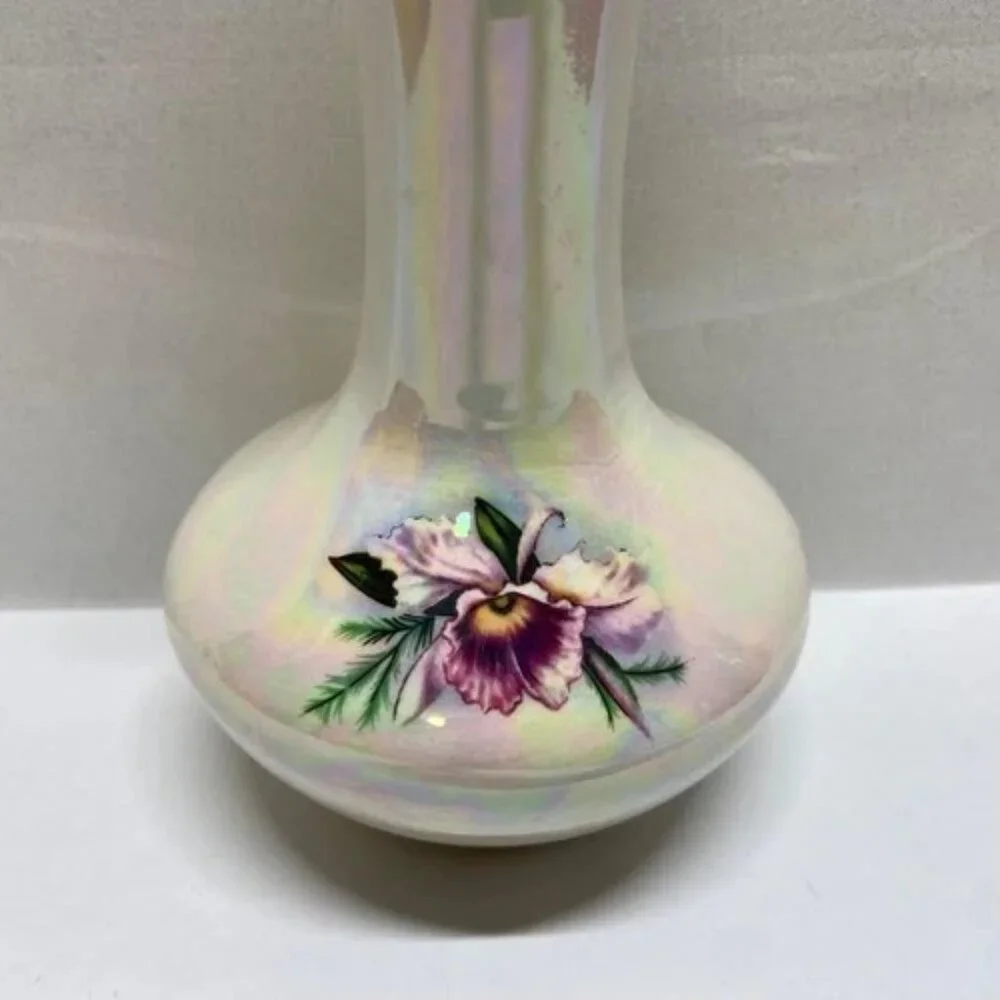 Hawaii Flower Vase Pearl Iridescent Ceramic Purple Hawaiin Iris‎ Orchid 7.5